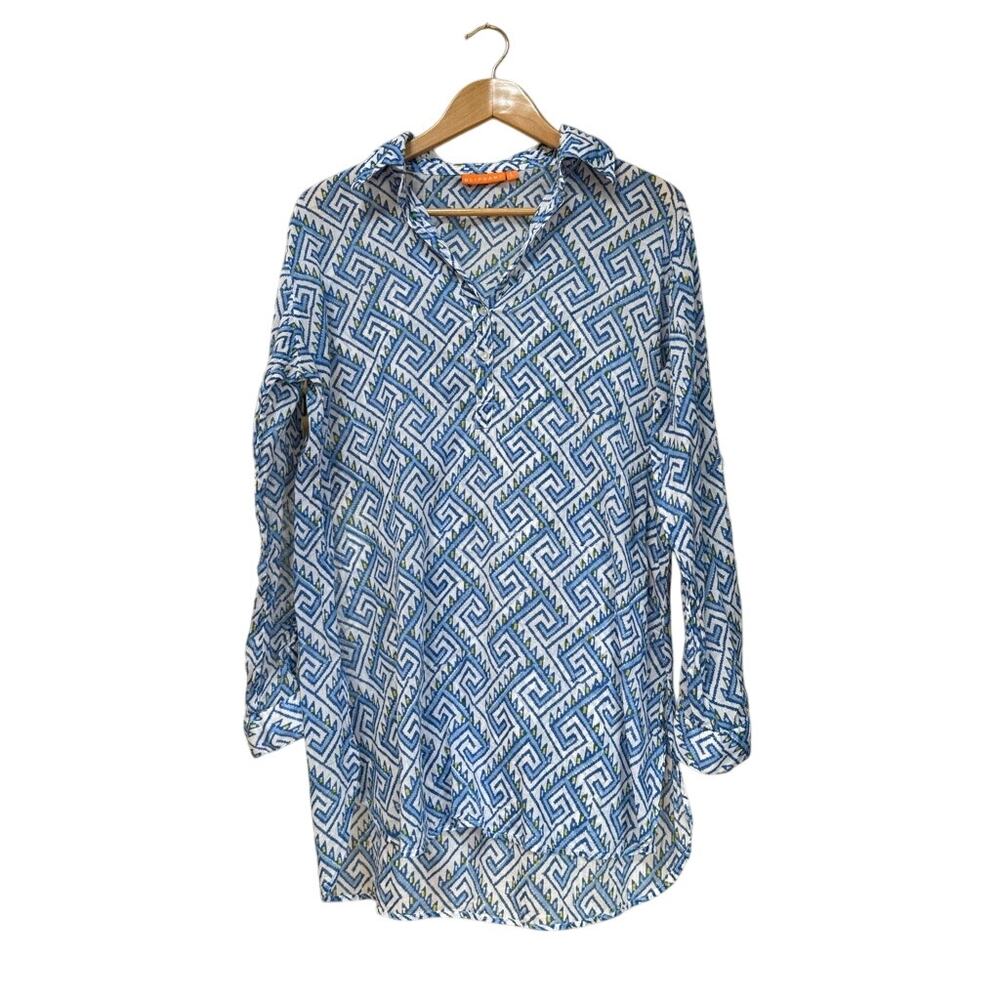 Oliphant Cotton Geometric Long Sleeve L Tunic Cover-up Shirt Coastal MSRP $198